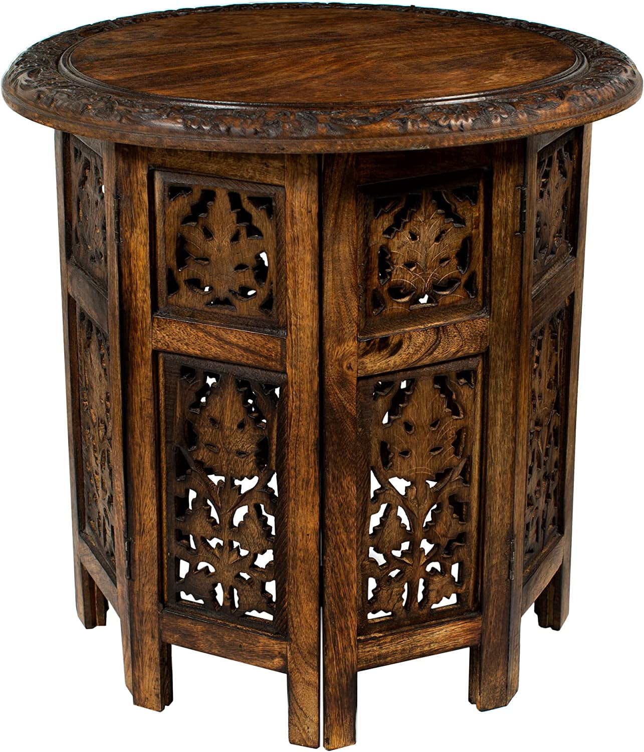 Hand-Carved Antique Brown Mango Wood Round Accent Table