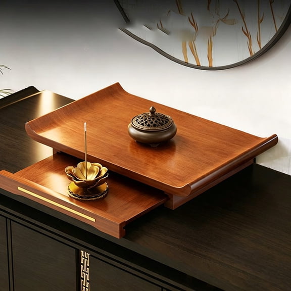 Solid Wood Altar Table with Pull-Out Tray- Handcrafted Buddhist Shrine Stand for Home Temple- Expandable Storage for Prayer, Puja & Display
