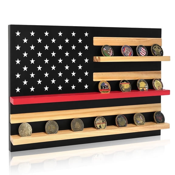 Solid Wood American Flag Challenge Coin Holder Wall Display Case, 3-Row Thin Blue Line Rack for 30 Military Coins, Red Line