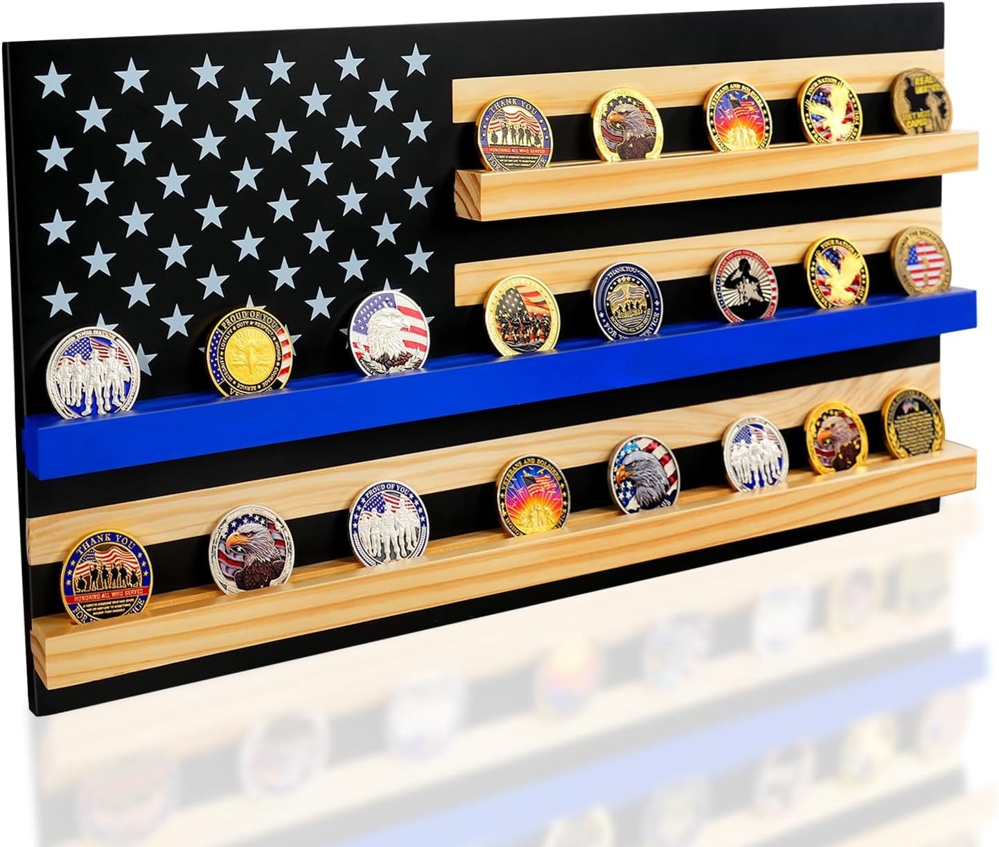 Solid Wood American Flag Challenge Coin Holder Wall Display Case, 3-Row ...