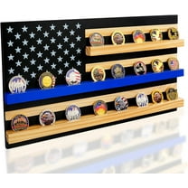 Solid Wood American Flag Challenge Coin Holder Wall Display Case, 3-Row Thin Blue Line Rack for 30 Military Coins
