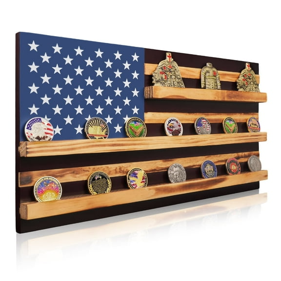 Solid Wood American Flag Challenge Coin Holder Wall Display Case, 3-Row Thin Red Line Rack for 30 Military Coins，Retro Red
