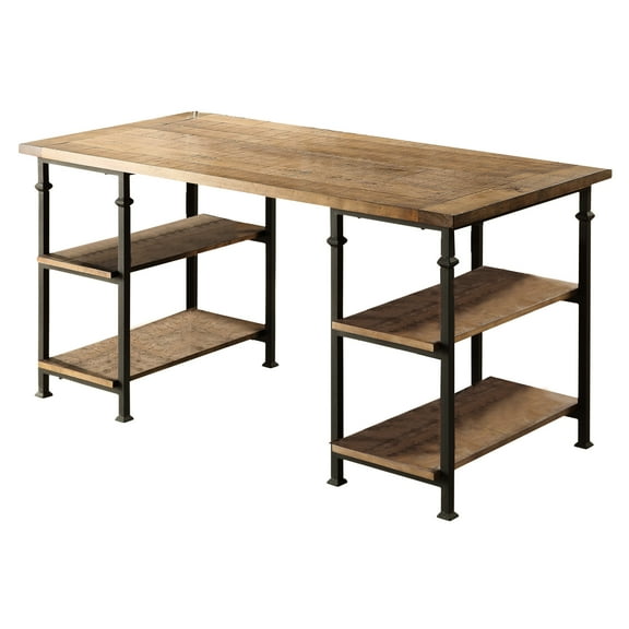 Solid Wood And Metal Study Desk, Vintage Industrial Style, 4 Shelves, Rustic Poplar Finish Table With Open Finish, & Construction