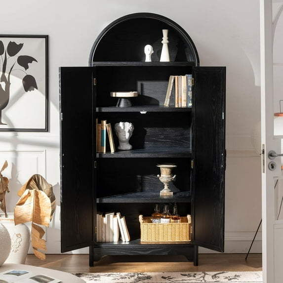ANHDAH Solid Wood Arched Storage Cabinet- Natural Wood Veneers& Water Based Paint Finished- Vintage 71 Inch Tall 5-Tier Bookcase with 2 Doors, Accent File Cabinet for Living Room, Office,Study(Black)