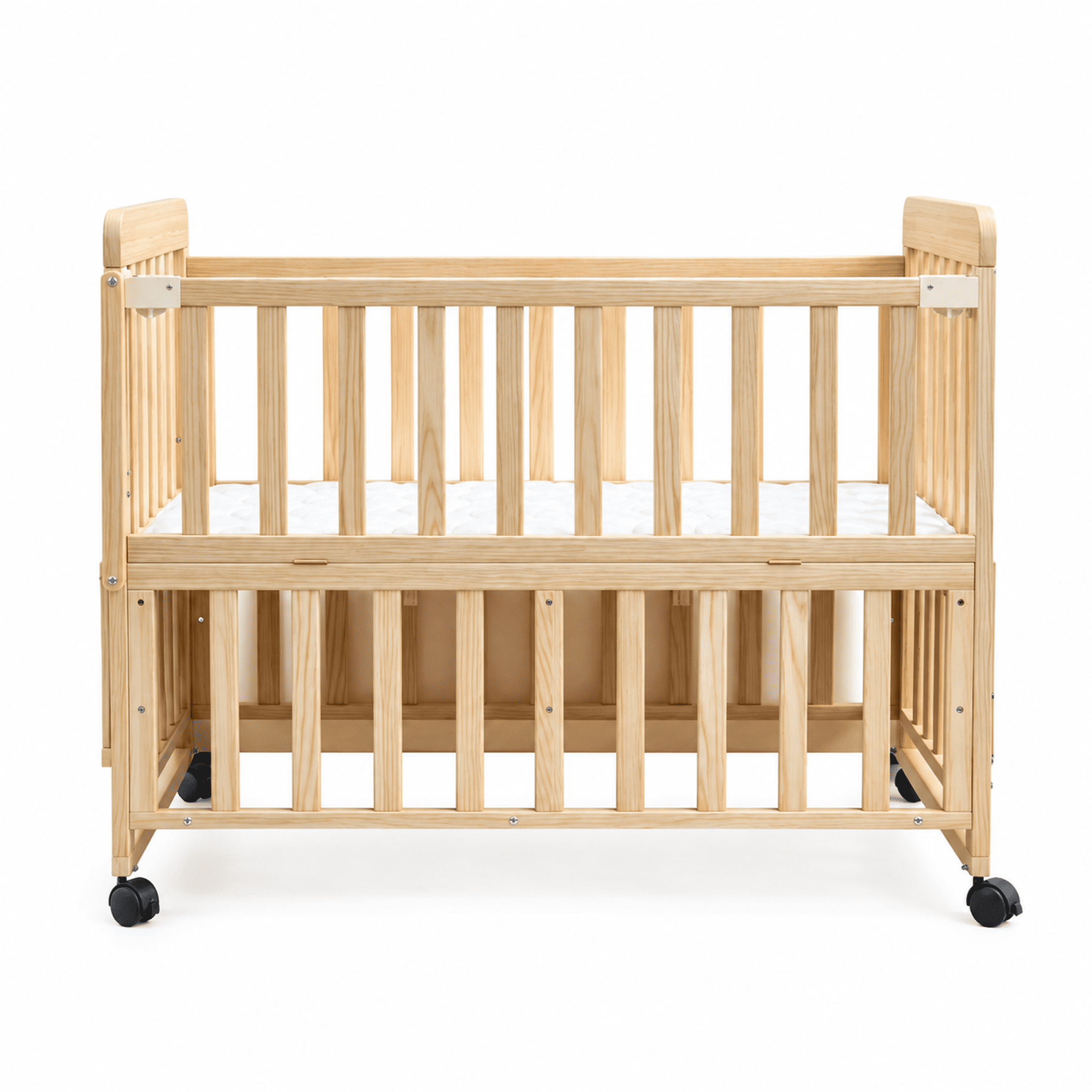 Solid Wood Baby Crib with Rocking Bassinet Function, Adjustable Height, 360° Wheels, Attached Changing Station, Convertible Bedside Sleeper for Nursery