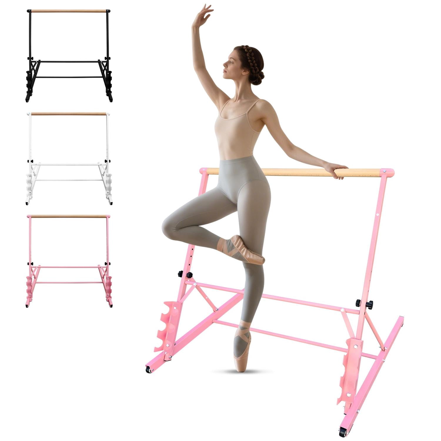 Solid Wood Ballet Barre 3.5FT with Adjustable Height 31.5-39.5 Inches, Portable Dance Practice Barre with Wheels for Home, Studio, Adjustable, Pink