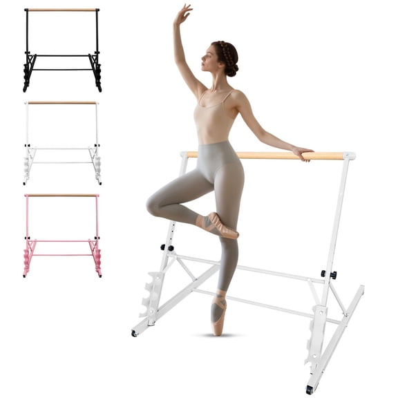 Solid Wood Ballet Barre 3.5FT with Adjustable Height 31.5-39.5 Inches, Portable Dance Practice Barre with Wheels for Home, Studio, Adjustable, White