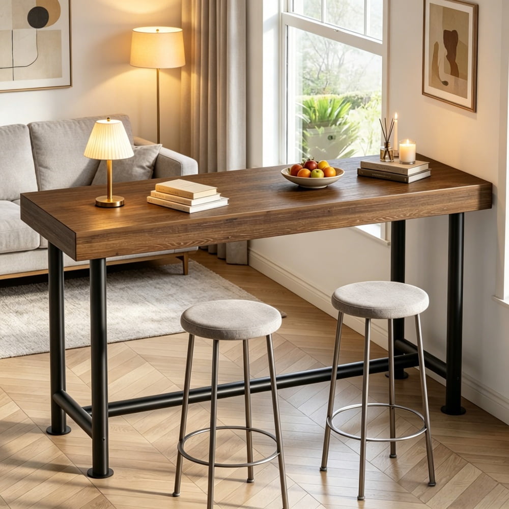 Solid Wood Bar Height Dining Table, Industrial Metal Legs, 66.5 in L