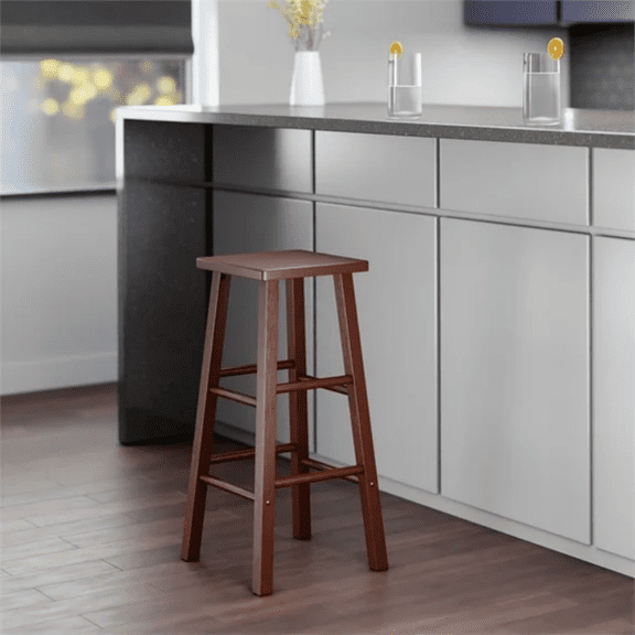 Solid Wood Bar Height Stool with Thick Square Seat & Built-In Crossbar Footrest, Walnut Finish Heavy Duty 220 LBS Counter Stool for Home Bar Kitchen Indoor Use