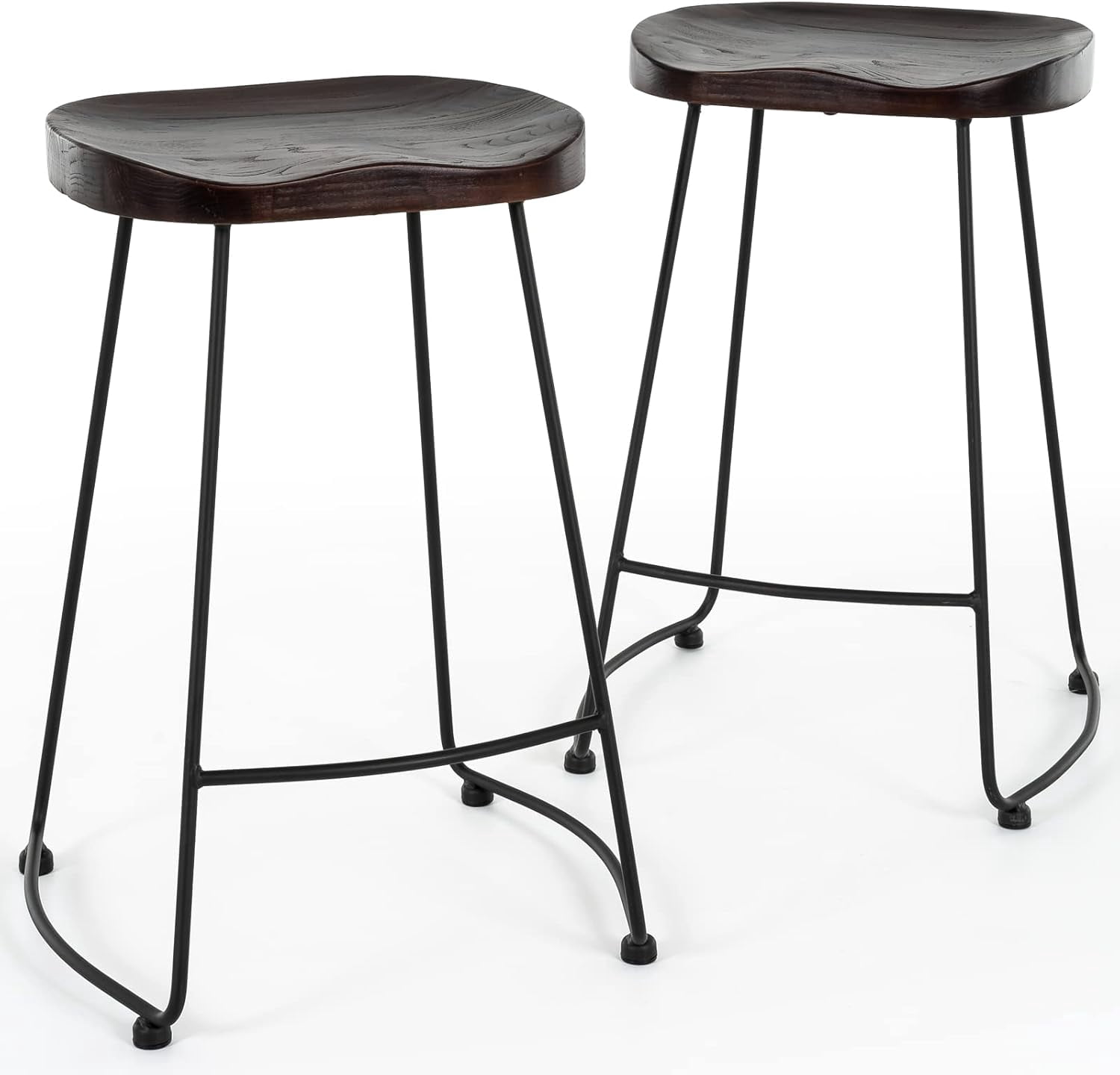 Solid Wood Bar Stools 27 Inch Rustic Wooden Saddle Seat Counter Height Barstools with Black ...