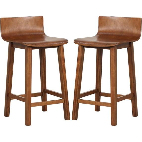 Solid Wood Bar Stools Set of 2, 24.5-inch Counter Height Chairs with Low Back and Footrest, Farmhouse Wooden Armless barstools for Kitchen Island, Dining Room, Cafe, Breakfast, Brown