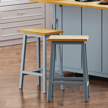 Solid Wood Bar Stools Set of 2,  25.6" Tall Bar Chairs, Kitchen Counter Stools with Footrests, Farmhouse Stools for Dining Room, Kitchen, Counter, Grey Blue