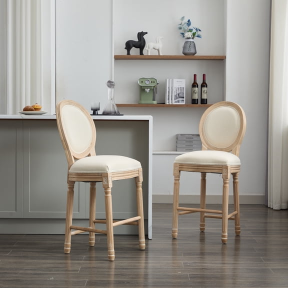 Solid Wood Bar Stools Set of 2 - French Country Style with Upholstered Seats