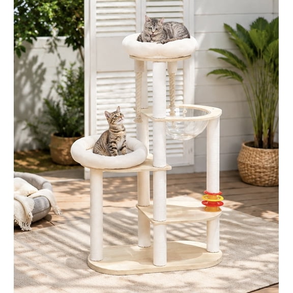 Solid Wood Base 4-Level 60" Cat Tree with Clear Bubble Bed & Soft Top Perch, White & Wood