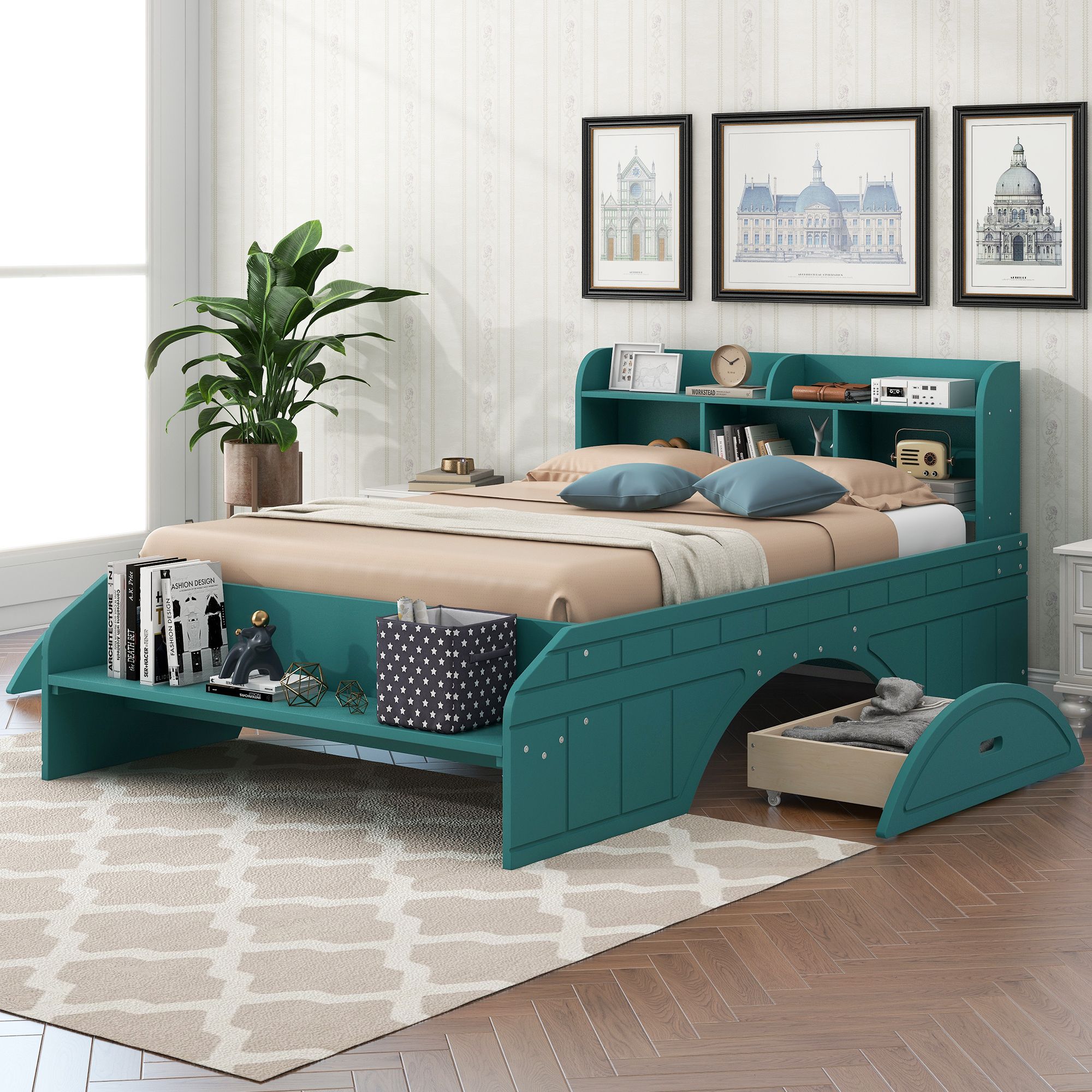 Solid Wood Bed Frame with 2 Drawers, Storage Headboard and Footboard, Platform Bed Frame, Mid ...