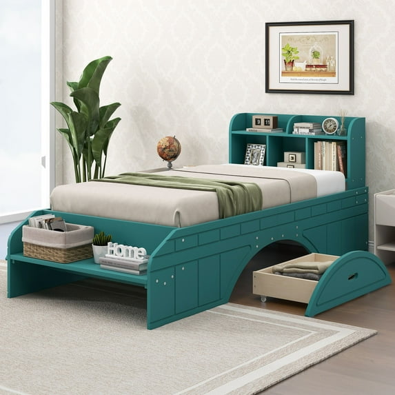 Solid Wood Bed Frame with 2 Drawers, Storage Headboard and Footboard, Platform Bed Frame, Mid Century Bedframe, Multi-Storage Space Wood Foundation(Green, Twin)