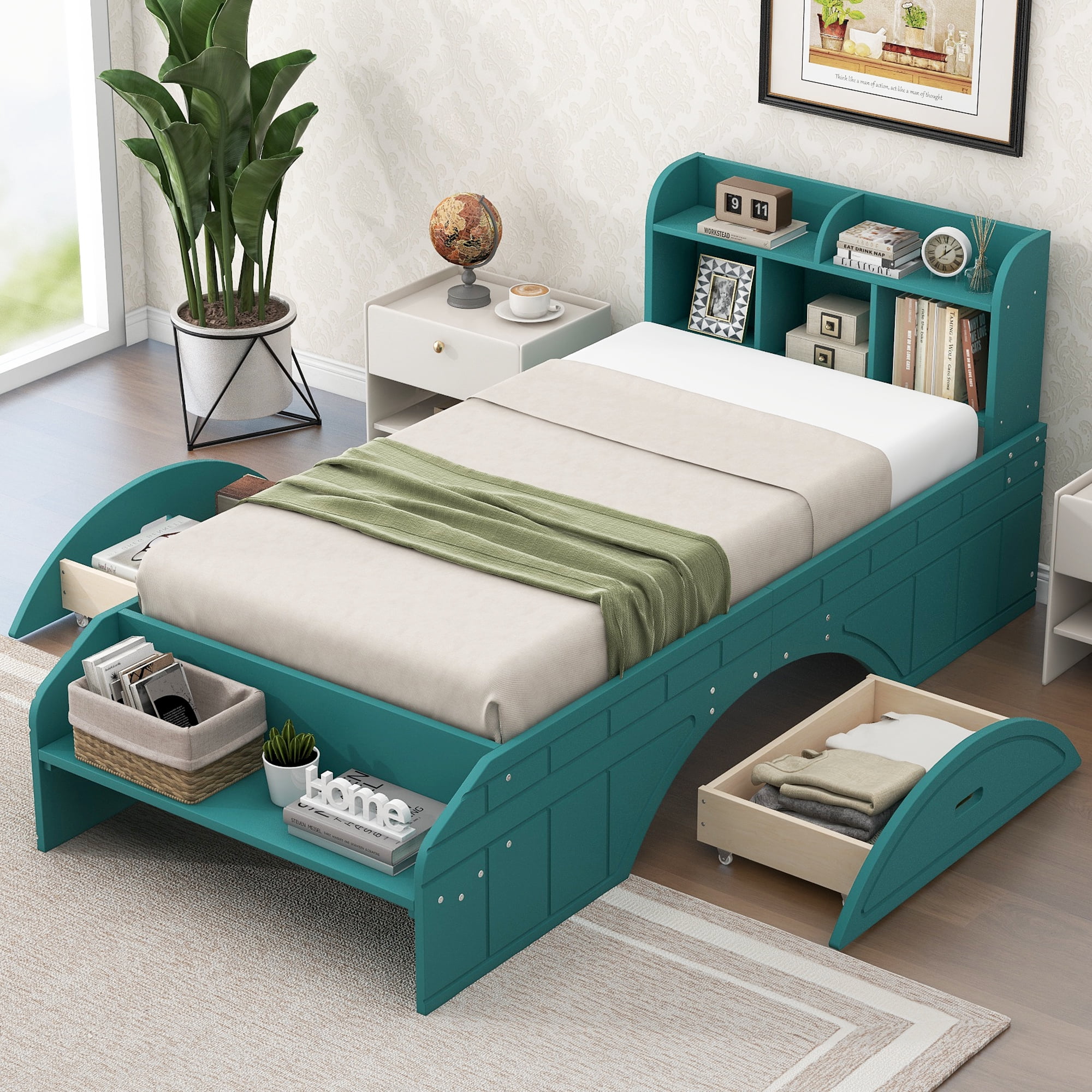 Solid Wood Bed Frame with 2 Drawers, Storage Headboard and Footboard, Platform Bed Frame, Mid ...