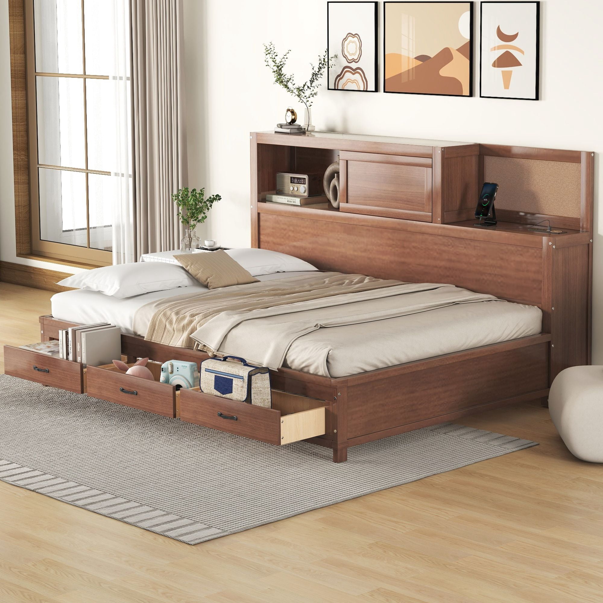 Solid Wood Bed Frame with 3 Storage Drawers, Upper Soft Board, Shelf ...