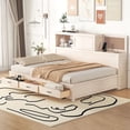thumbnail image 1 of Solid Wood Bed Frame with 3 Storage Drawers, Upper Soft Board, Shelf, and a Set of Sockets and USB Ports, Platform Bed Frame, Bedframe, Wood Daybed, Wood Foundation(White, Full), 1 of 9