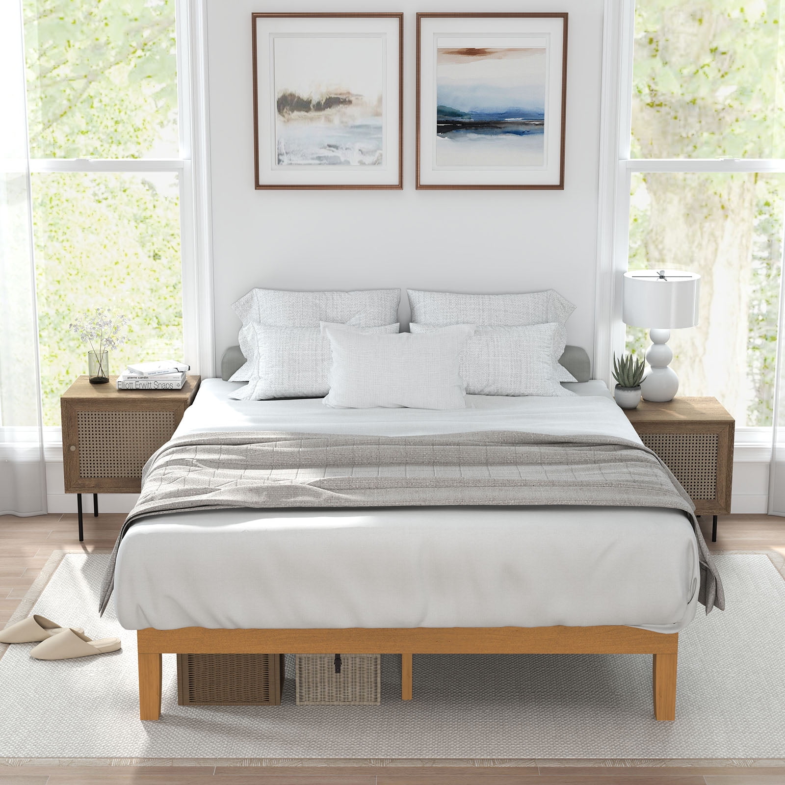 Solid Wood Bed Frame, Bed Base with Wood Slat Support, No Box Spring Needed，Full Size