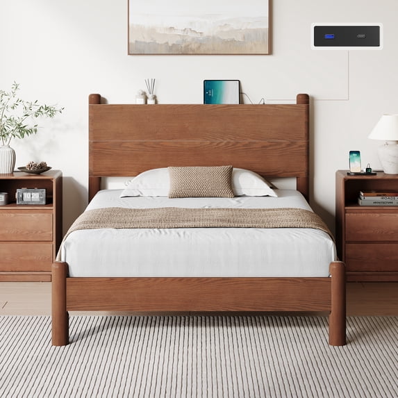 Solid Wood Bed Frame Full Size Mid Century Platform Beds with Headboard and Charging Station for Bedroom, No Box Spring Needed, Rustic Brown