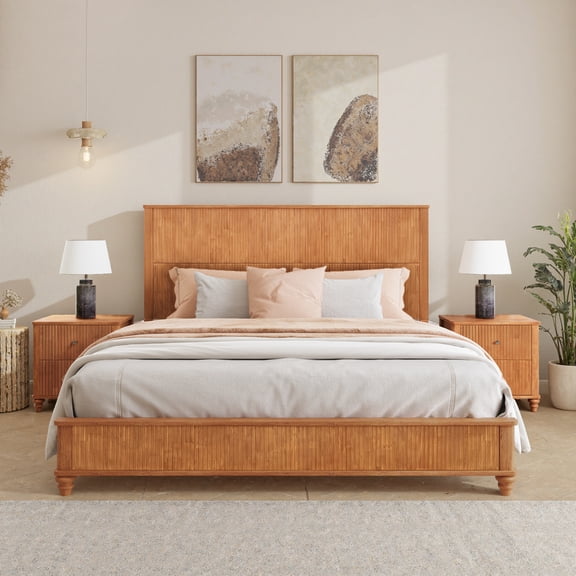 Solid Wood Bed Frame,King Platform Bed Frame with Headboard,Tall Headboard Natural Wood Bed ,No Box Spring Needed,Natural