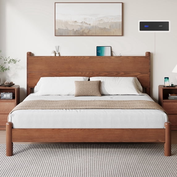 Solid Wood Bed Frame King Size Mid Century Platform Beds with Headboard and Charging Station for Bedroom, No Box Spring Needed, Rustic Brown