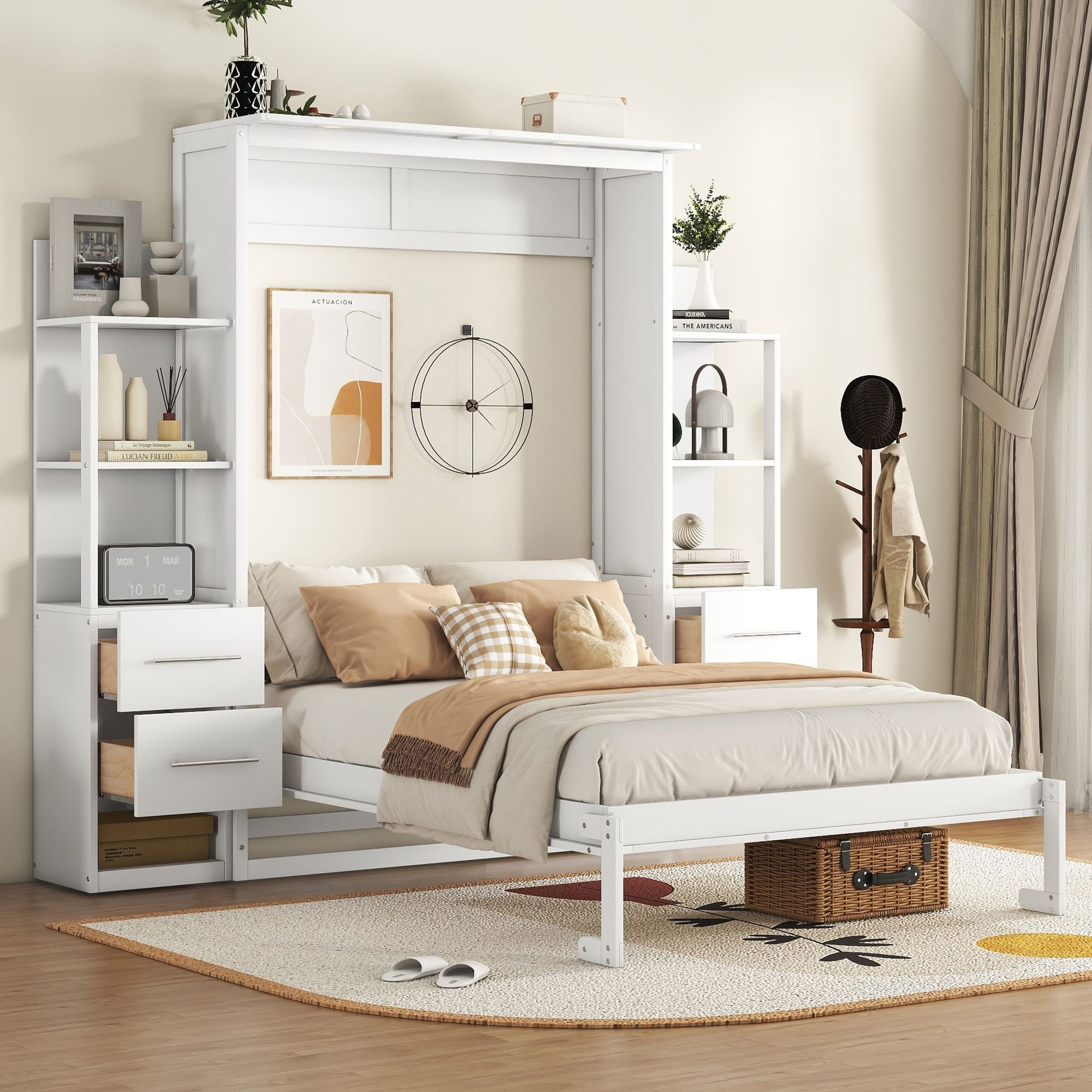 Solid Wood Bed Frame Murphy Bed Wall Bed with Shelves Drawers and LED Lights Platform Bed Frame Mid Century Bedframe Wood Foundation White Full Walmart