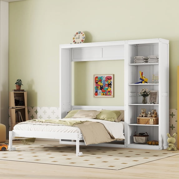 Solid Wood Bed Frame Murphy Bed Wall Bed with Shelves, Platform Bed Frame, Mid Century Bedframe, Wood Foundation(White, Queen)