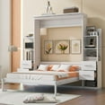 thumbnail image 1 of Solid Wood Bed Frame Murphy Bed Wall Bed with Shelves, Drawers and LED Lights, Platform Bed Frame, Mid Century Bedframe, Wood Foundation(White, Queen), 1 of 9