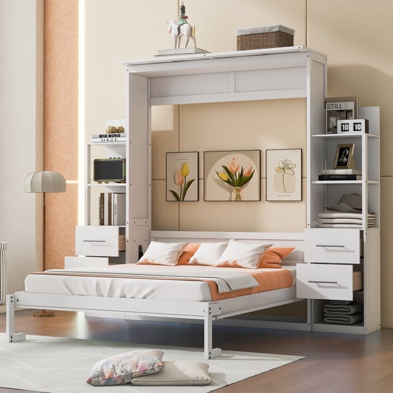 Solid Wood Bed Frame Murphy Bed Wall Bed with Shelves, Drawers and LED Lights, Platform Bed Frame, Mid Century Bedframe, Wood Foundation(White, Queen)