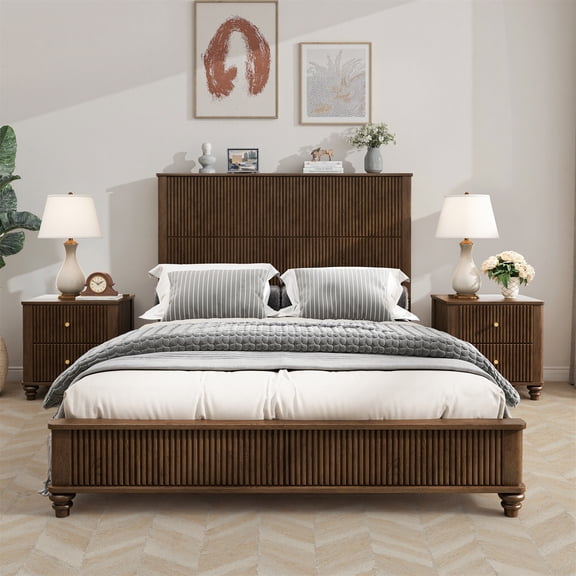 Solid Wood Bed Frame,Queen Platform Bed Frame with Headboard,Tall Headboard Natural Wood Bed ,No Box Spring Needed,Walnut