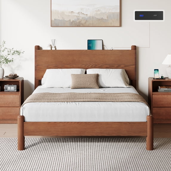 Solid Wood Bed Frame Queen Size Mid Century Platform Beds with Headboard and Charging Station for Bedroom, No Box Spring Needed, Rustic Brown