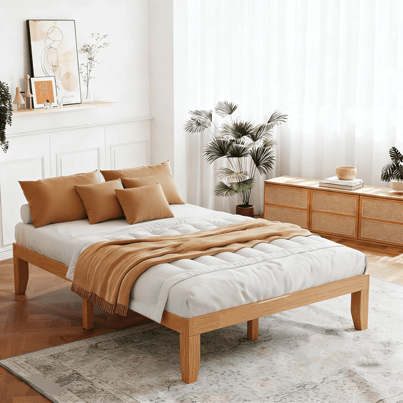 Solid Wood Bed Frame, 12-inch Noise Free Design Bed Frame Base, Natural Pine Bed Frame with No Box Spring Needed, Sturdy Wood Slat Support Bedroom Furniture, Easy Assembly, Queen Size