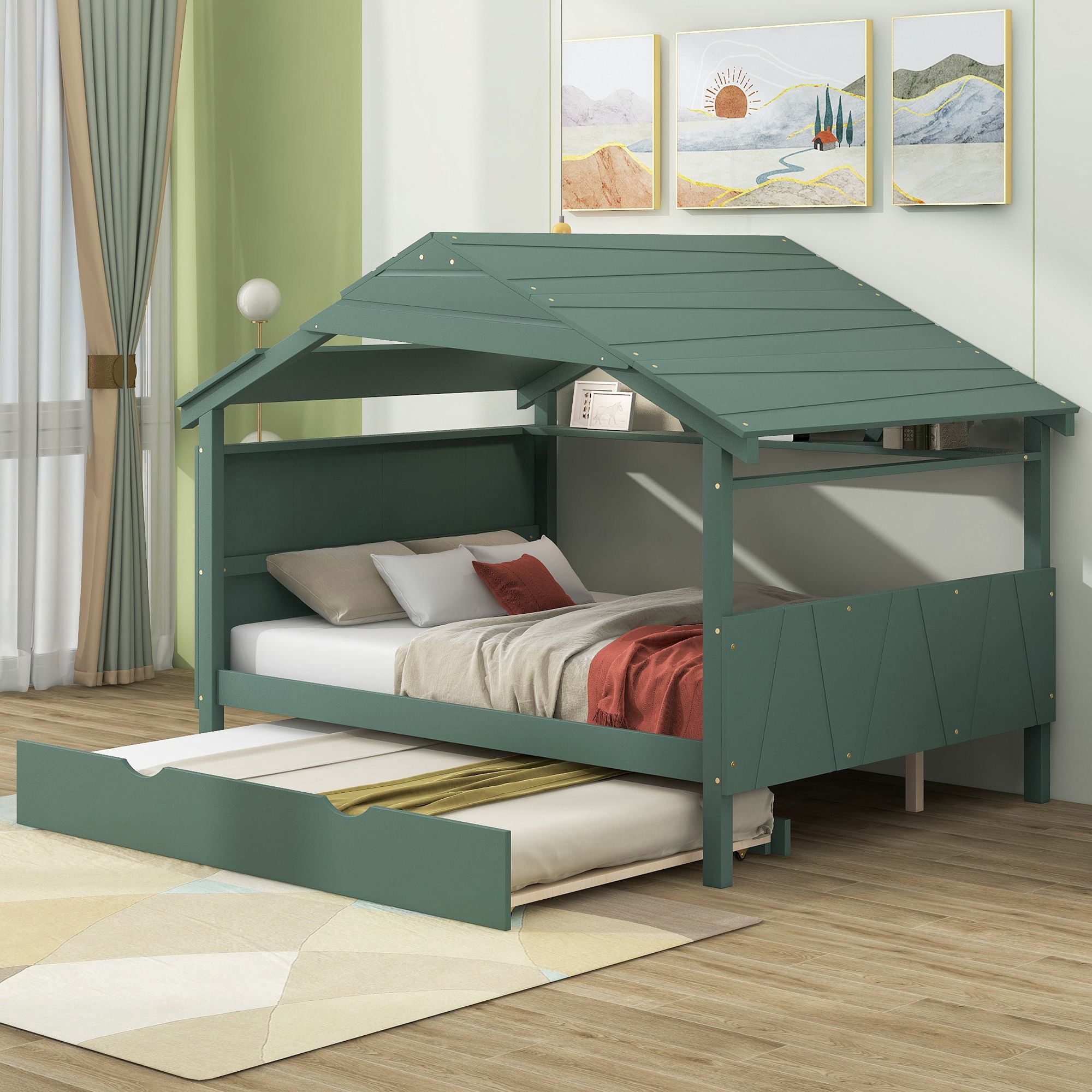 Solid Wood Bed Frame with Trundle and Storage, Platform Bed Frame with Twin Size Trundle, Mid ...
