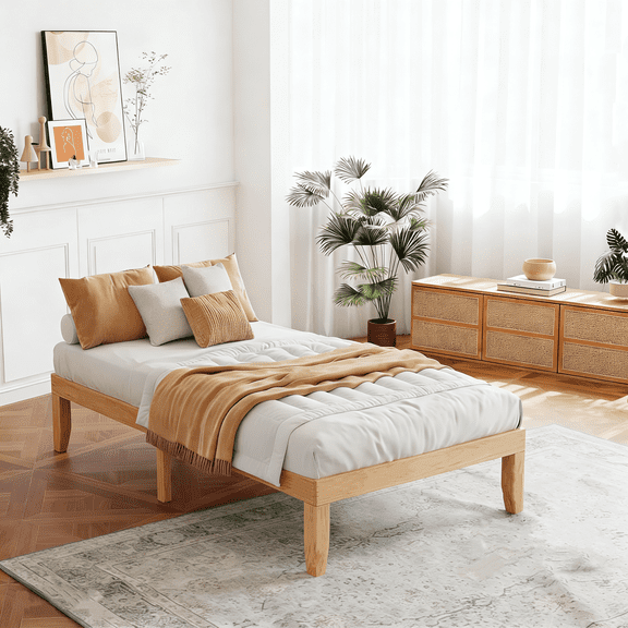 Solid Wood Bed Frame, 12-inch Noise Free Design Bed Frame Base, Natural Pine Bed Frame with No Box Spring Needed, Sturdy Wood Slat Support Bedroom Furniture, Easy Assembly, Twin Size