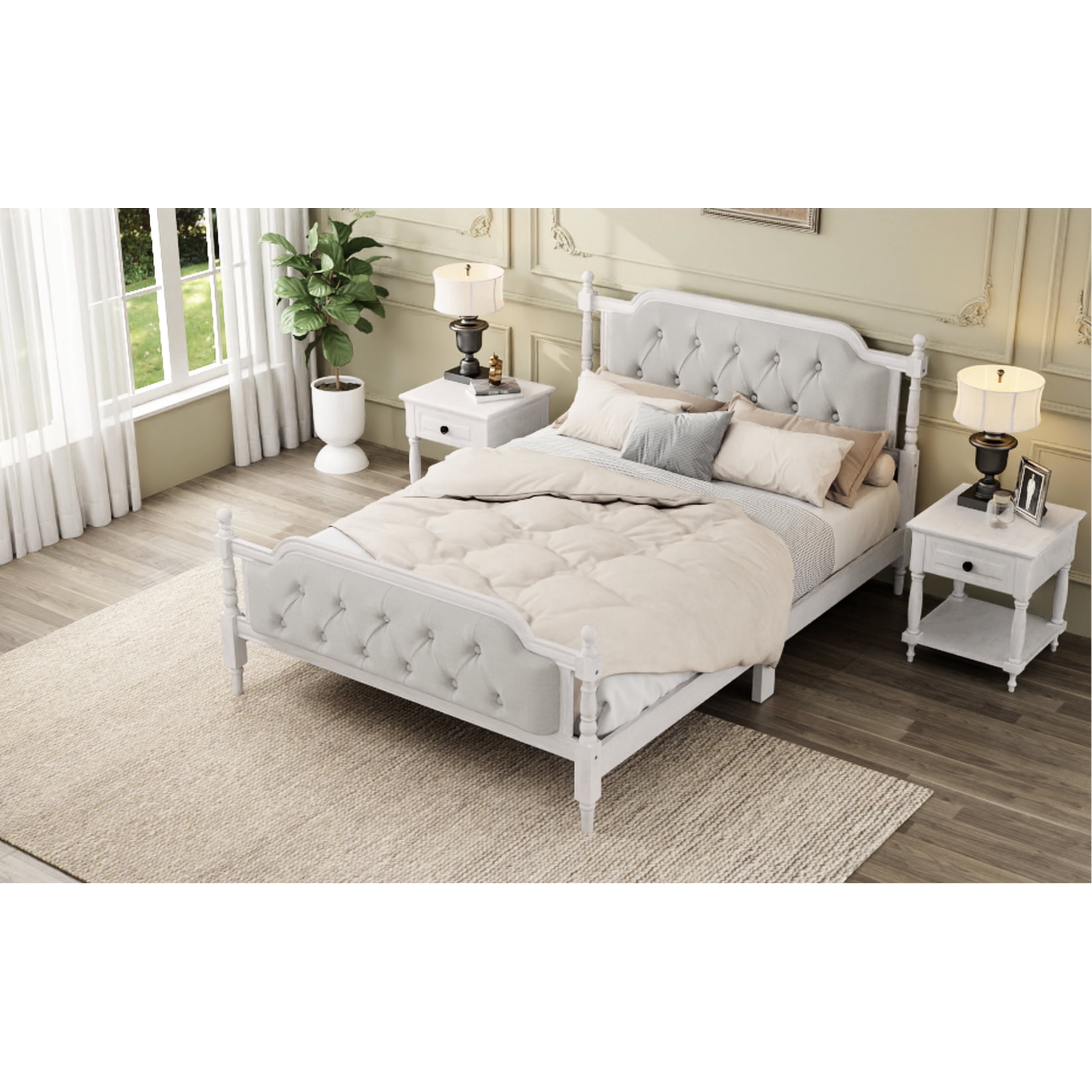 Solid Wood Bed Frame With Charming Headboard In Antique White Finish ...