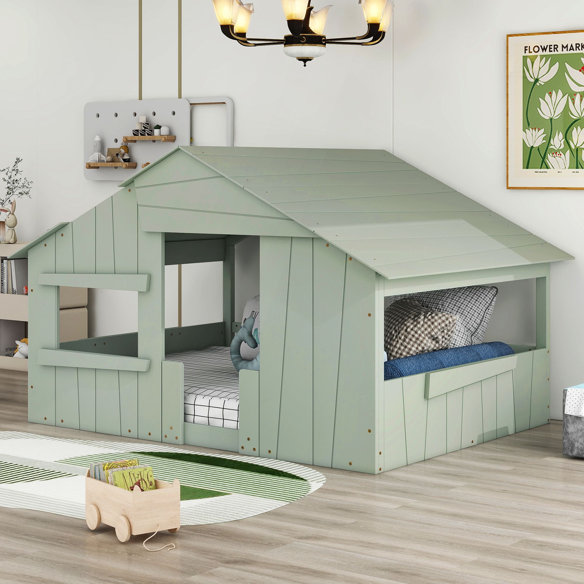 Solid Wood Bed Frame with Roof, Window and Guardrail, Platform Bed ...