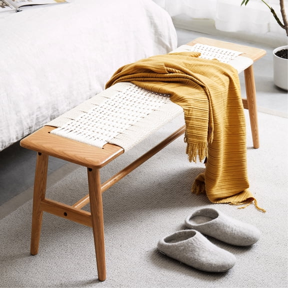 Solid Wood Bedroom Bench In White - Natural Oak With Breathable Cane Seat For Relaxation 100% Dining White, Crafted From Fine A Cozy