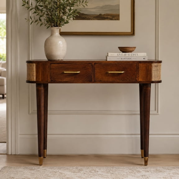 Solid Wood Belmont Cane Edge Console Table, 2 Drawers, Brown