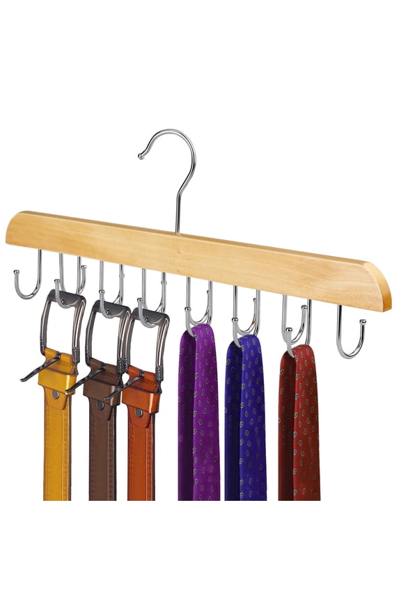 Solid Wood Belt Hanger, 14 Hooks Belt Organizer Space Saver for Closet, 360° Rotating Belt Holder Tie Rack for Men Women Dorm Bra Purse Scarf Tank Top Storage Accessories (Beige)