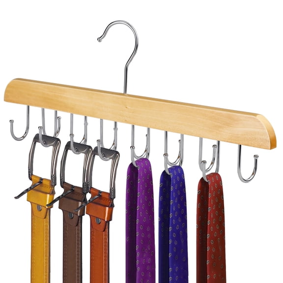 Solid Wood Belt Hanger, 14 Hooks Belt Organizer Space Saver for Closet, 360° Rotating Belt Holder Tie Rack for Men Women Dorm Bra Purse Scarf Tank Top Storage Accessories (Beige)
