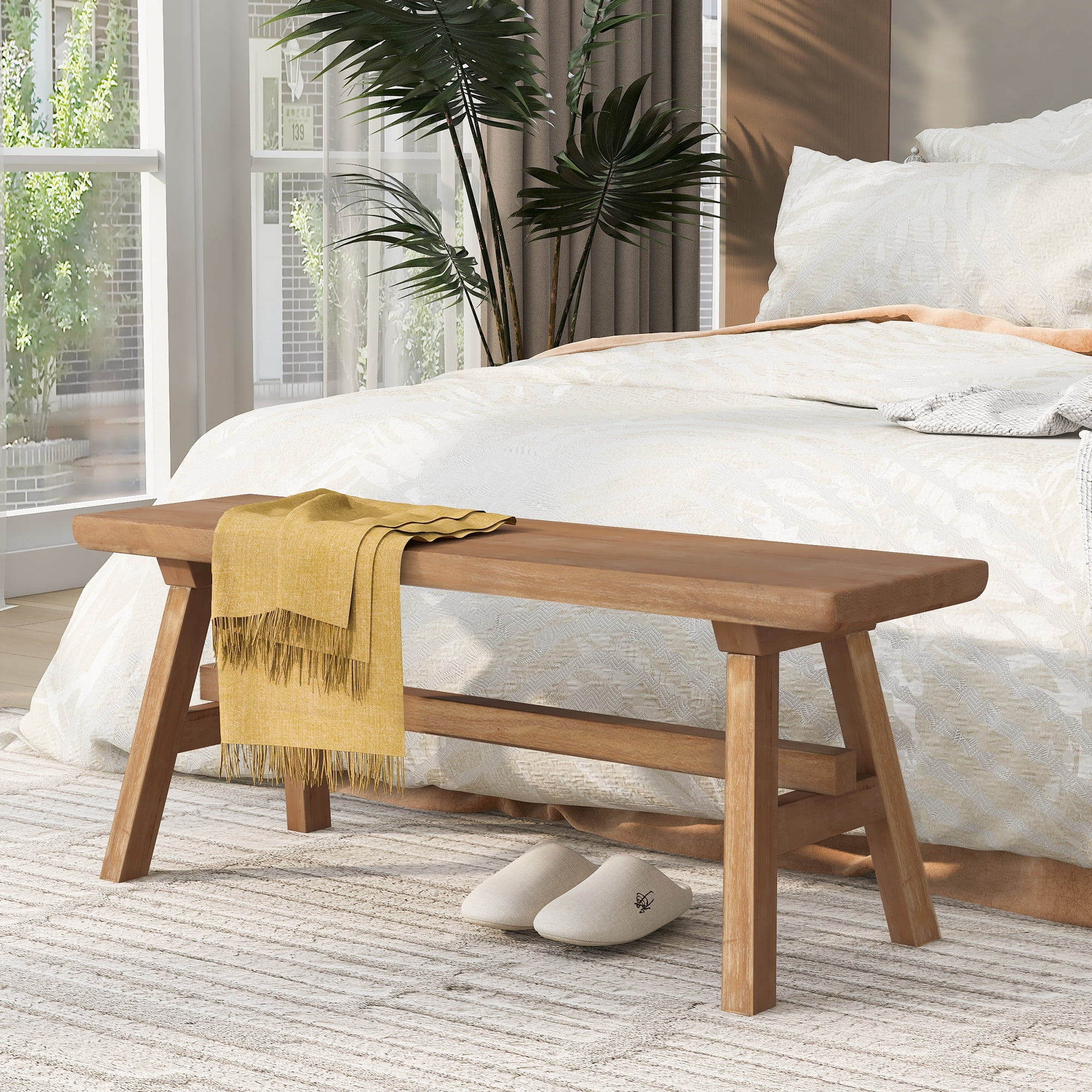 Solid Wood Bench, 39-inch Farmhouse Entryway Bench, Rustic Storage Bench for Indoor Use, Natural Finish