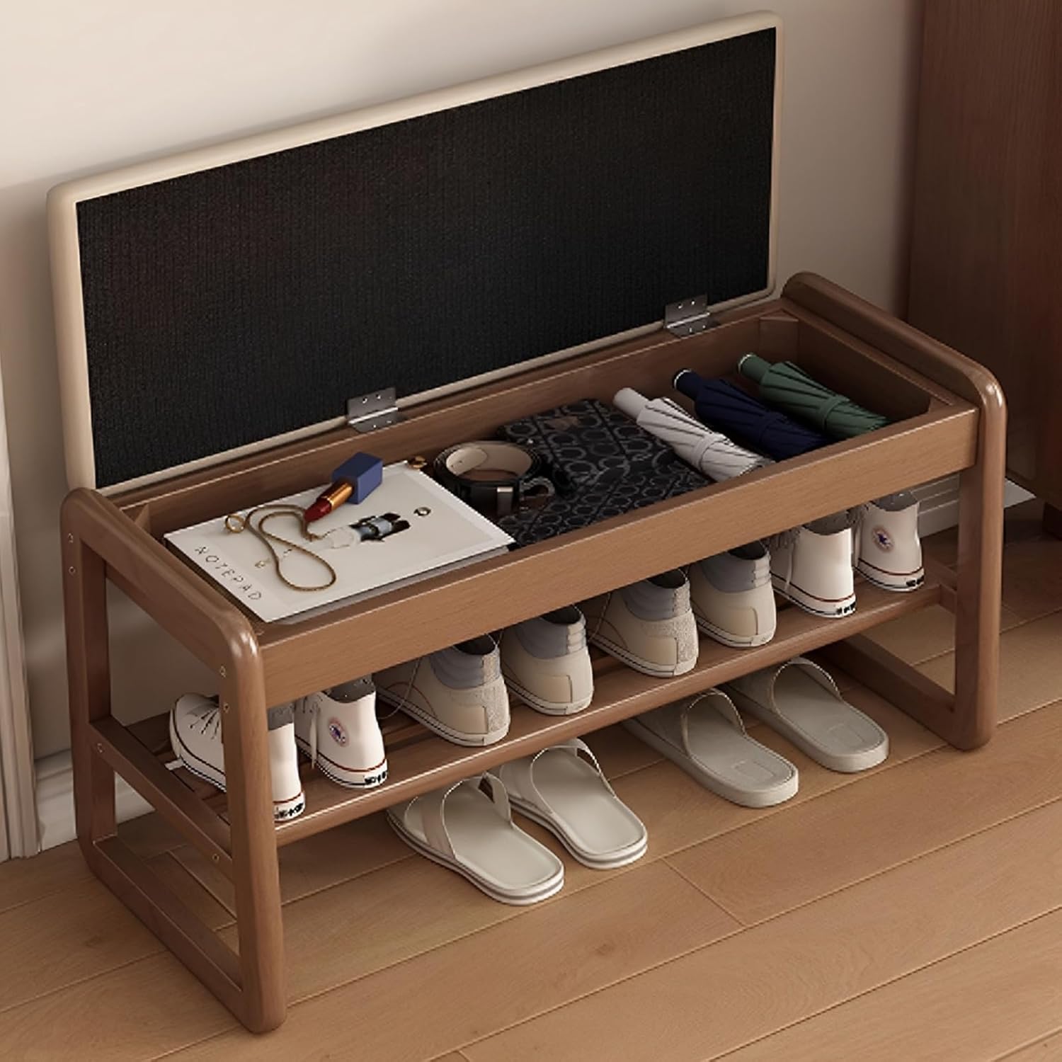 Shoe Rack Bench Short Solid Wood Bench, Entryway Shoe Bench with Cushion, 2-Tier Shoe Racks ...