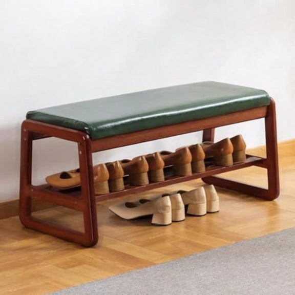 Solid Wood Bench Entryway Shoe Bench with Cushion 2 Tier Shoe Storage Organizer for Hallway Living Room Green 31.50''L