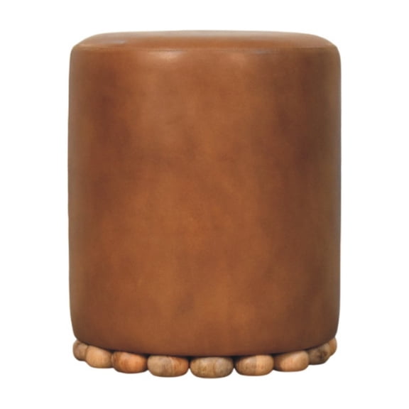 Solid Wood Bola Round Leather Upholstered Stool Oak Tone Finish Fully Assembled Compact Accent Ottoman Foot Stool for Bedroom Vanity Living Room Entryway