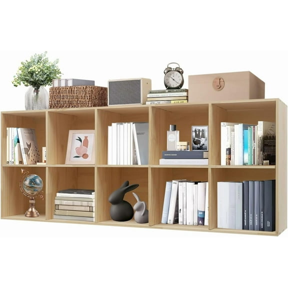 Solid Wood Bookcase 10-Cube Shelf, Convertible Vertical/Horizontal Storage Unit, Modern Farmhouse Bookcase with Mortise Tenon Joints, Natural Wood Color (10-Cube)