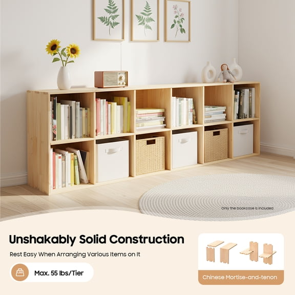 Solid Wood Bookcase, 12-Cubby 2-Way Modern Farmhouse Storage Shelf for Living Room & Office