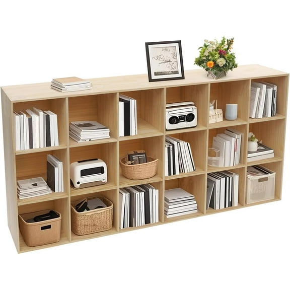 Solid Wood Bookcase 18-Cube Shelf, Convertible Vertical/Horizontal Storage Unit, Modern Farmhouse Bookcase with Mortise Tenon Joints, Natural Wood Color (18-Cube)