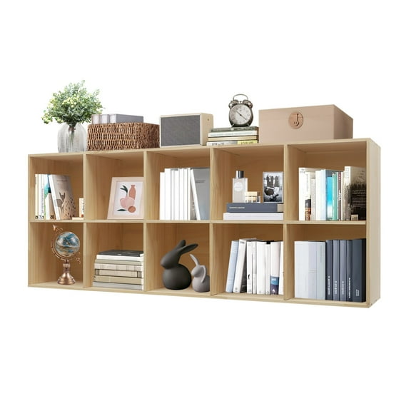 Solid Wood Bookcase 2-Tier  Extra Long 59 Inch Floor Standing Shelf, Industrial Wooden Bookshelf with 10 Compartments, Heavy Duty Storage Rack for Living Room Office, Vertical or Horizontal